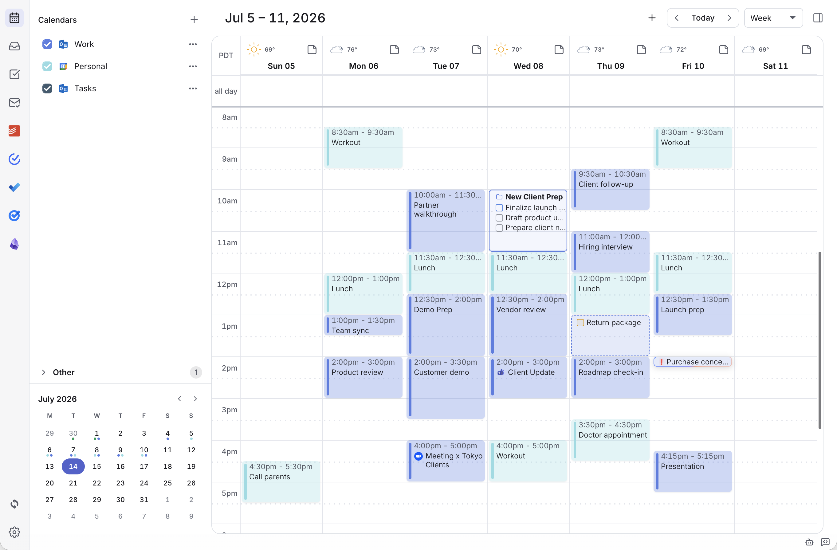 Dainvo planificador vista semanal con calendarios conectados, tareas, tiempo y bloques de enfoque