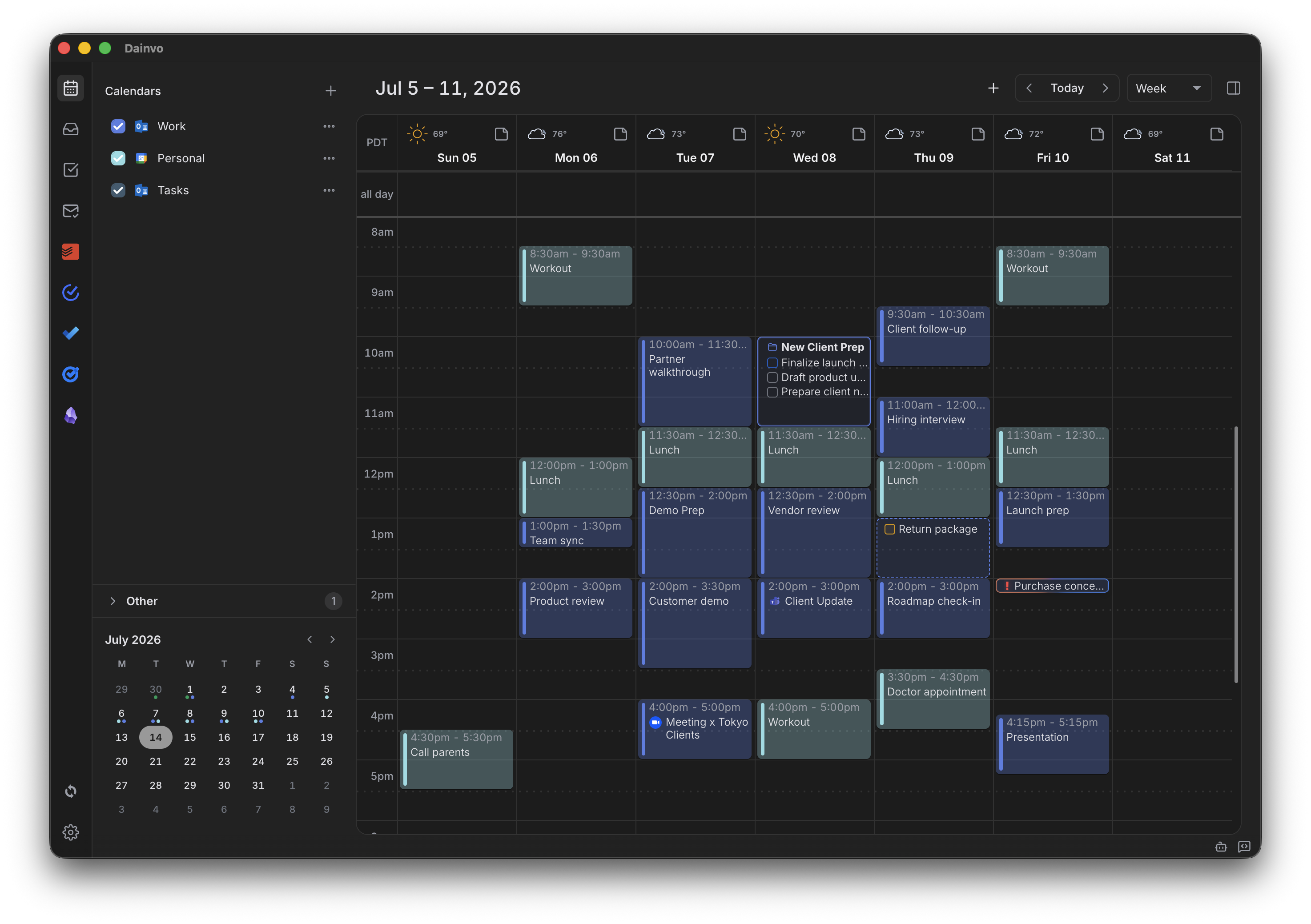 Current Dainvo Desktop dark week view with connected calendars and focused work