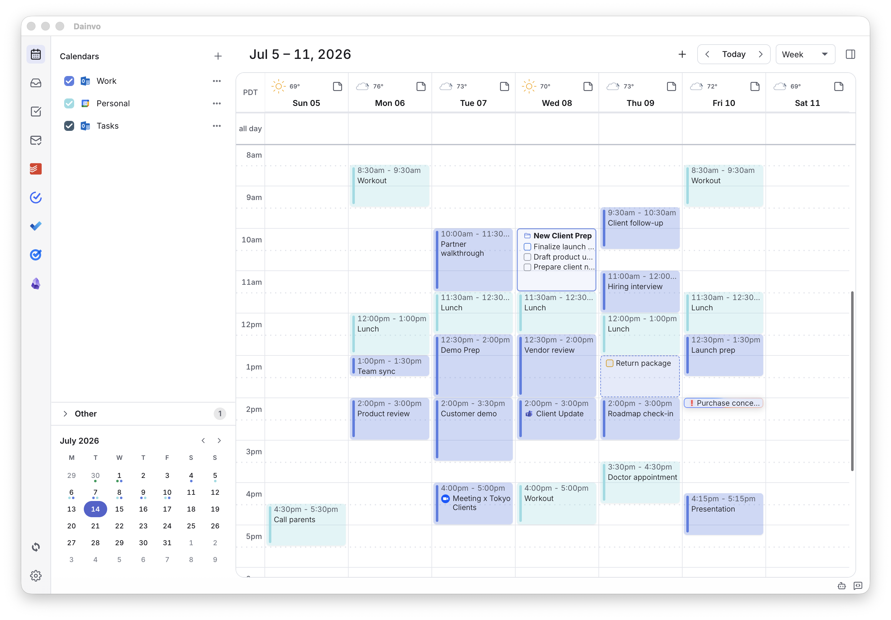 Dainvo Desktop week view with connected calendars, tasks, weather, and focused work
