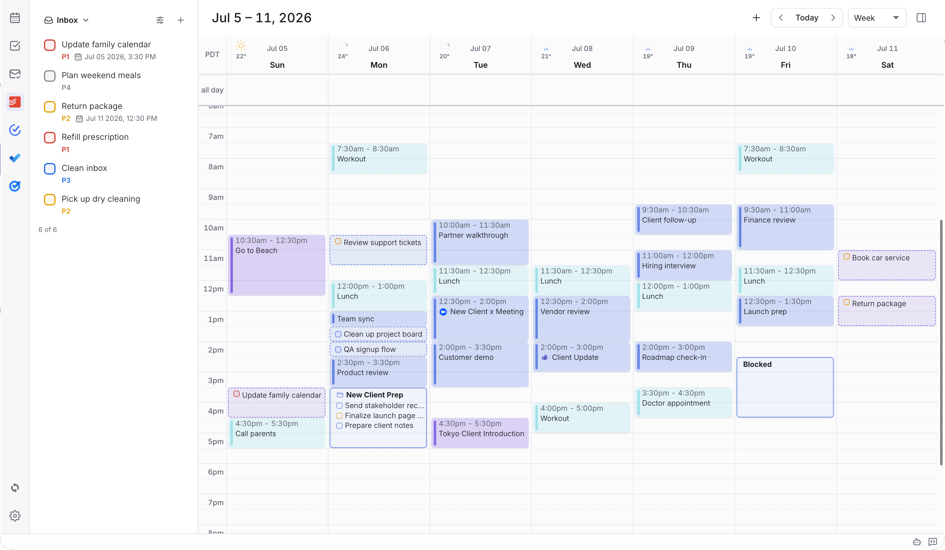 Dainvo planner week view with connected task inbox, calendar events, and meeting blocks