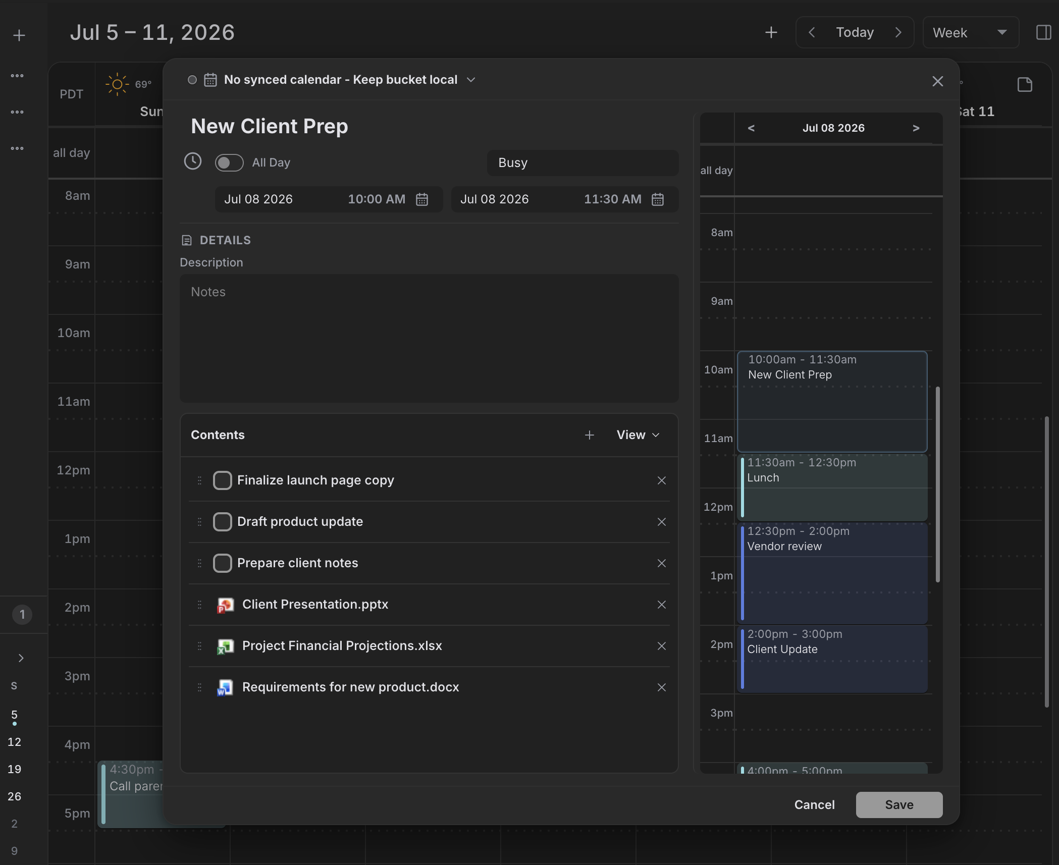 Dainvo Desktop dark calendar with a focused task block editor