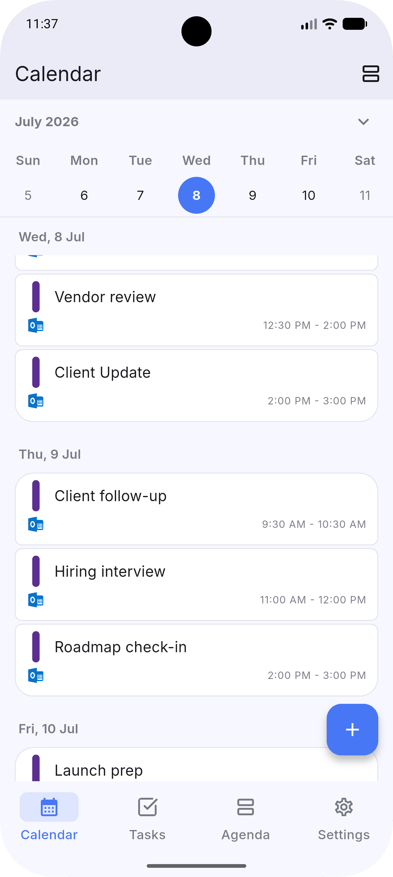 Dainvo Mobile calendar showing a portrait day schedule
