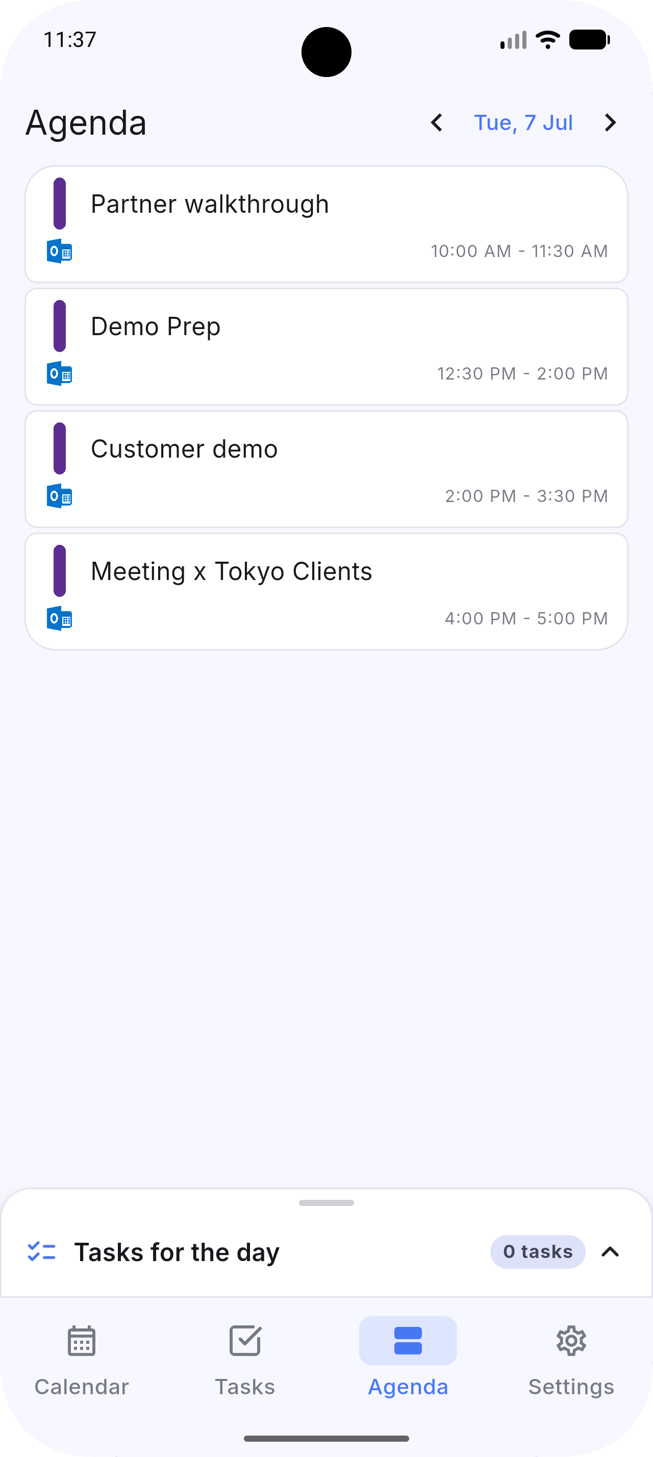 Dainvo Mobile My Day view with daily tasks and events