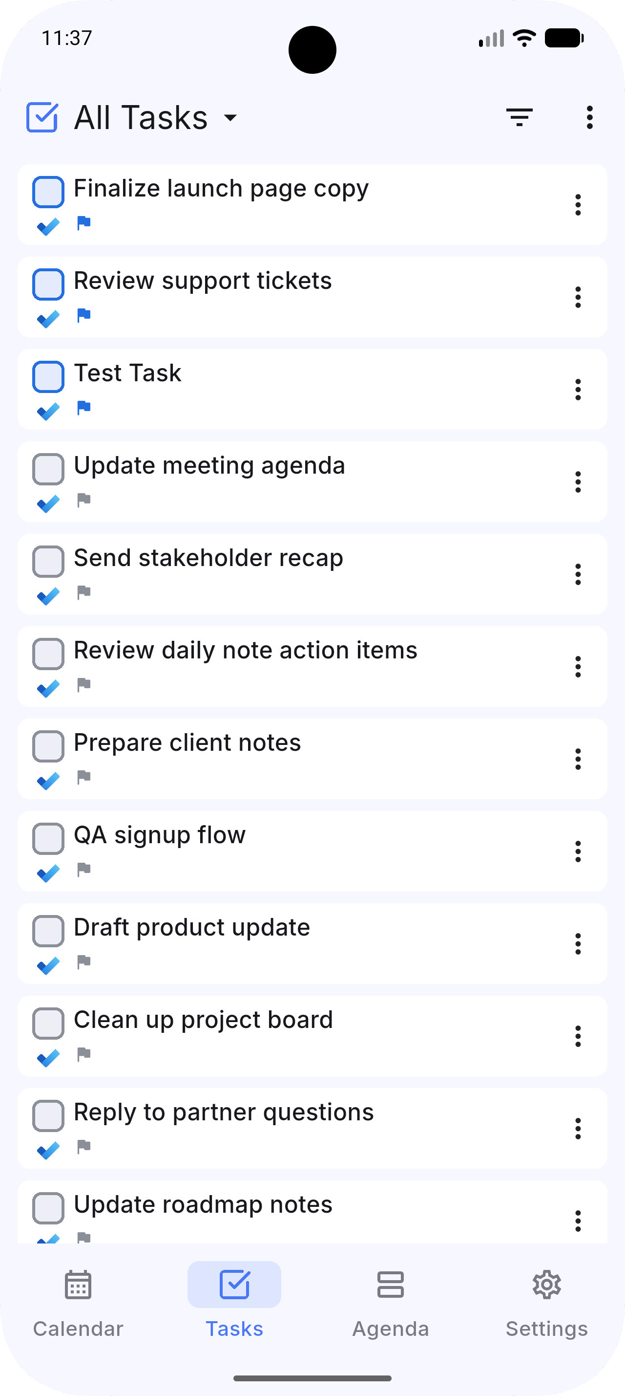 Dainvo Mobile Tasks view with connected task lists