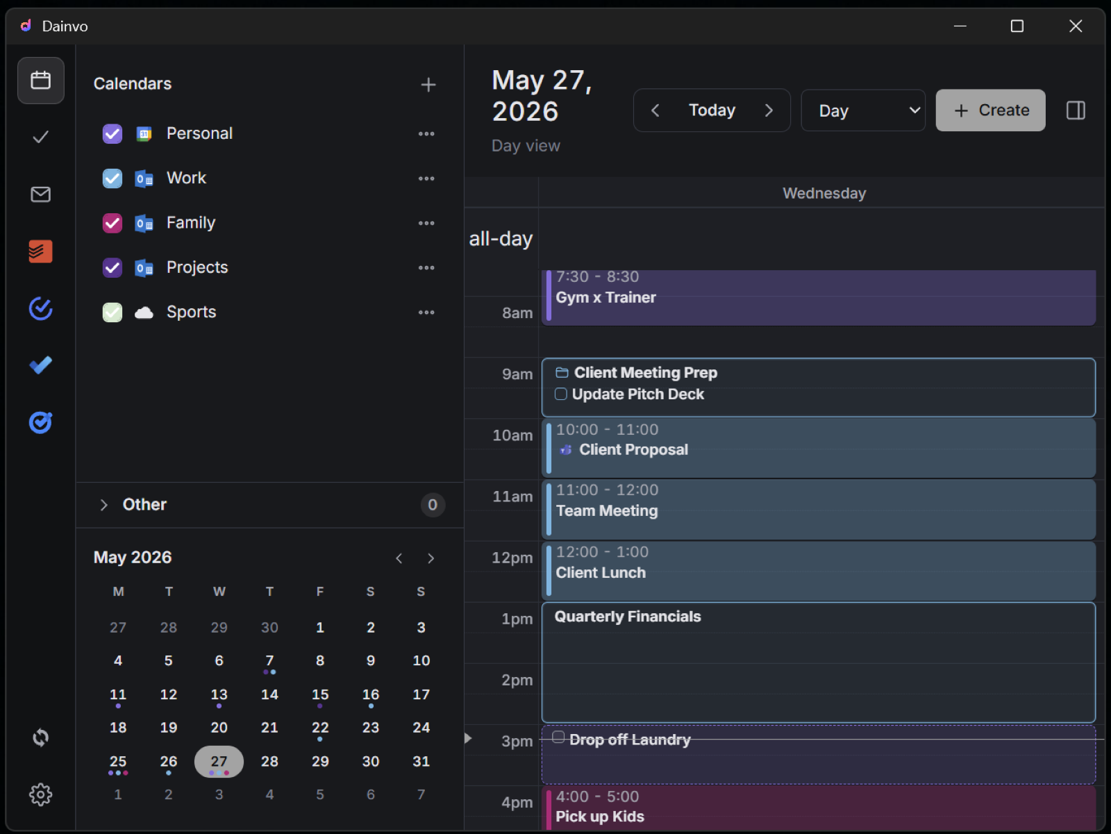 Dainvo day planner screenshot showing calendar events and tasks together