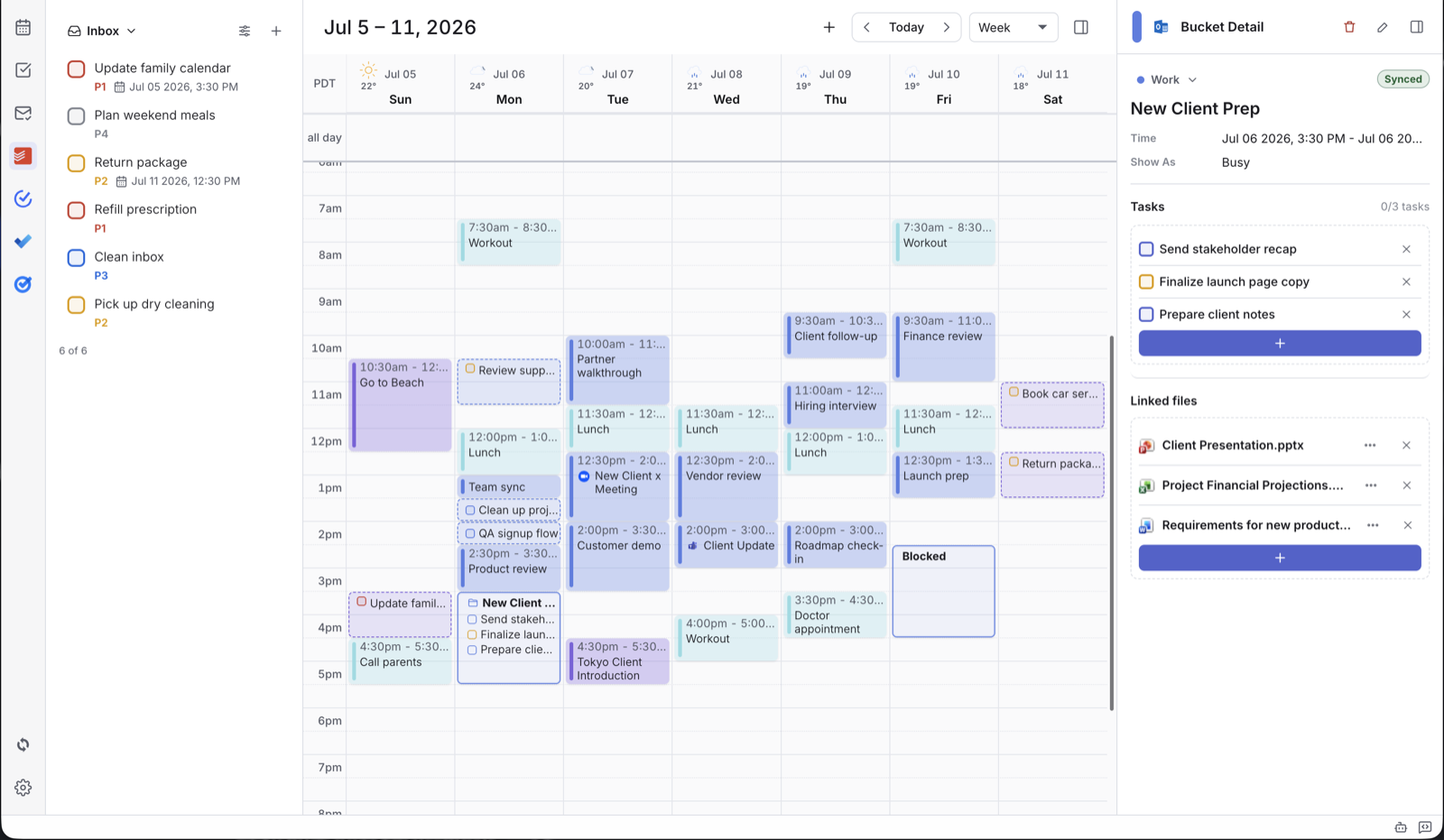 Dainvo bucket and task planning screenshot for ADHD time blocking